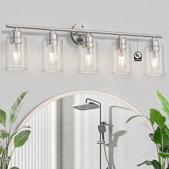 Espird Bathroom Vanity Light Fixtures Brushed Nickel Bathroom Lighting Fixture, 5 Lights Bathroom Light Fixture Over Mirror, Modern Black Vanity Light, Wall Sconces with Glass Shades