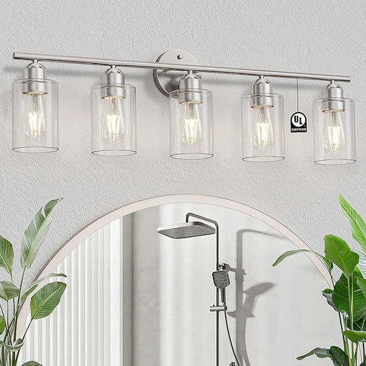 Espird Bathroom Vanity Light Fixtures Brushed Nickel Bathroom Lighting Fixture, 5 Lights Bathroom Light Fixture Over Mirror, Modern Black Vanity Light, Wall Sconces with Glass Shades