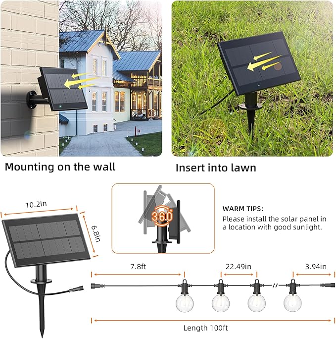 Kawaya 100FT Solar Outdoor String Lights, USB Charging & Solar Powered, IP65 Waterproof Shatterproof Edison Hanging LED Lights for Patio Garden Porch Fence Camping Party
