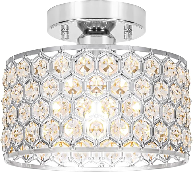 Chrome Crystal Ceiling Light Fixture - Modern Semi Flush Mount Ceiling Chandelier Lighting for Hallway, Kitchen & Foyer | Dazzling Prism Chandelier with Easy Installation,1 Light, 9 in