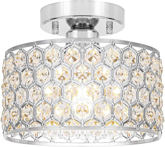 Chrome Crystal Ceiling Light Fixture - Modern Semi Flush Mount Ceiling Chandelier Lighting for Hallway, Kitchen & Foyer | Dazzling Prism Chandelier with Easy Installation,1 Light, 9 in
