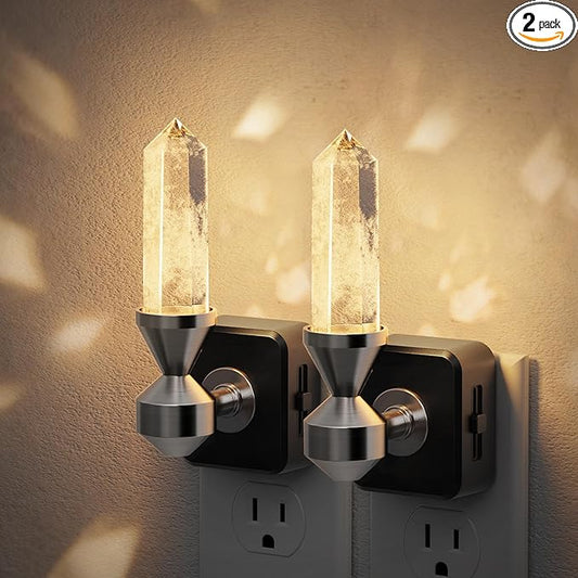 JandCase Healing Crystals LED Night Light Plug into Wall, 2 Pack Dimmable Night Lights witih Clear Quartz Tower, Dusk to Dawn Sensor Nightlights for Meditation Living Room Bedroom Home Decor