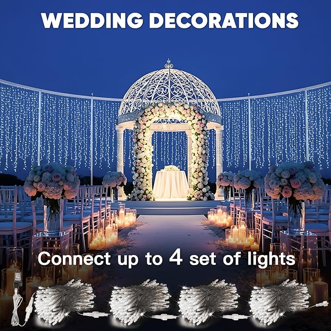 suddus Curtain Lights Outdoor, 300 Led 9.8ft x 9.8ft Hanging String Lights for Bedroom, Window, Wall, Wedding, Party, White