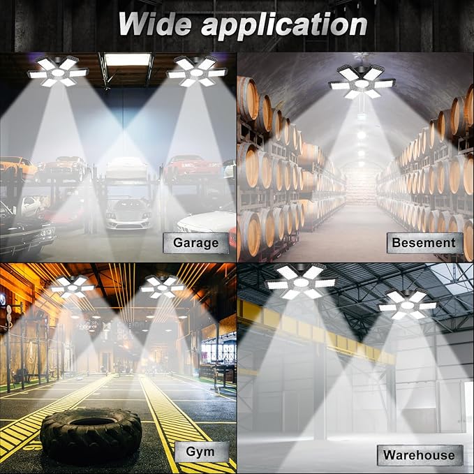 AUDLES 4 Pack Garage Lights, 200W 20000LM 6500K LED Shop Lights, Garage Light Ceiling Led with 6+1 Deformable Panels, Screw in E26 Socket Bulb for Warehouse, Workshop, Basement, Barn Lighting