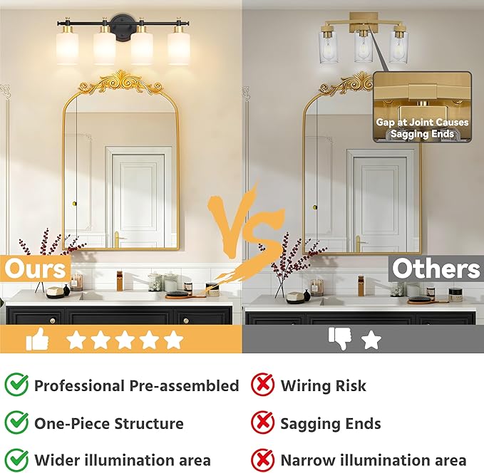 4-Light Bathroom Vanity Light, Modern Black and Gold Vanity Lights for Bathroom, White Frosted Glass Shades, Anti-Rust Vanity Light Fixture over Mirror, 23 Inch (Bulbs Not Included, E26 Base)
