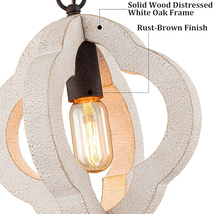 9.84" Modern Farmhouse Wood Pendant Lights Kitchen Island Small Orb Distressed White Oak Pendant Light Rustic Ceiling Hanging Light for Kitchen Over Sink Hallway Entryway Foyer Adjustable Chain E26