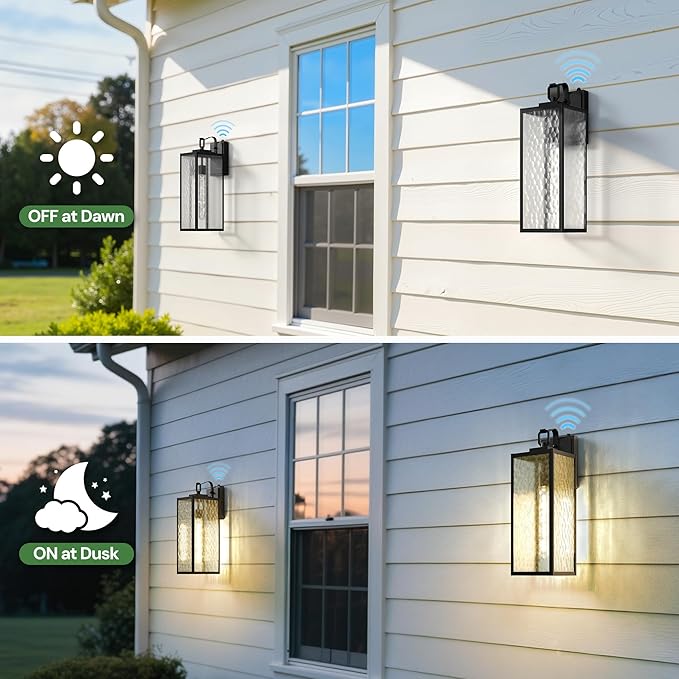 DORESshop 18 Inch Large Size Dusk to Dawn Outdoor Wall Lights, Matte Black Waterproof Anti-Rust Outdoor Light Fixtures Wall Mount with Water Ripple Glass Shade for Porch, with T30 Light Bulbs, 2 Pack