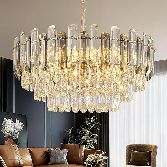 Gold Crystal Chandelier 20" 10-Light 3-Tier K9 Crystal Round Adjustable Pendant Light Modern Crystal Chandeliers for Dining Room Living Room Kitchen Island Bedroom Foyer Entryway
