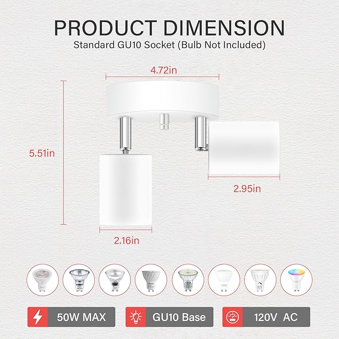 LED 2 Light Track Lighting Kit, LED Track Lighting Fixtures, White Round Ceiling Spot Lighting, Flexibly Rotatable Light Head for Kitchen, Living Room, Bedroom, GU10 Bulb Not Included