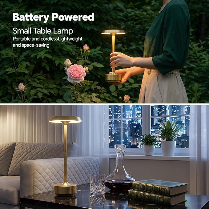 Mevnxi Cordless Table Lamp, Portable LED Desk Lamp, 5000mAh Battery Operated, 3 Color Stepless Dimming Up, for Restaurant/Bedroom/Bars/Outdoor Party/Camping/Coffee Shop Atmosphere Night Light(Gold)