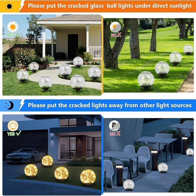 SyouHome Solar Garden Lights Outdoor Waterproof, 12 Pack | Cracked Glass Ball Light, Ground Landscape Garden Decor, Solar Globe Decorative for Pathway/Patio/Lawn/Yard