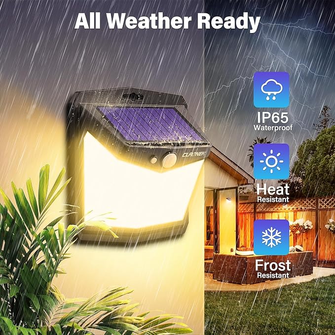 CLAONER Solar Lights Outdoor, [128 LED/8 Packs] Solar Motion Lights 3 Working Modes Solar Wall Lights with 270°Wide Angle Wireless IP65 Waterproof Motion Sensor Outdoor Deck Lights, Warm White