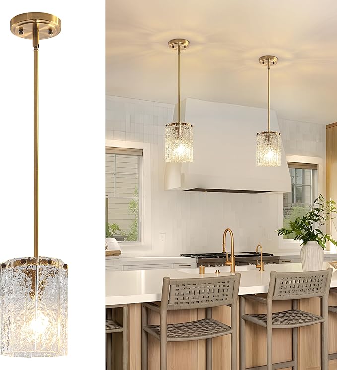 Modern Gold Pendant Light, Round Handmade Glass Kitchen Island Lighting, Mini Brushed Brass Cylinder Hanging Light Fixture for Dining Room Bedroom Hallway