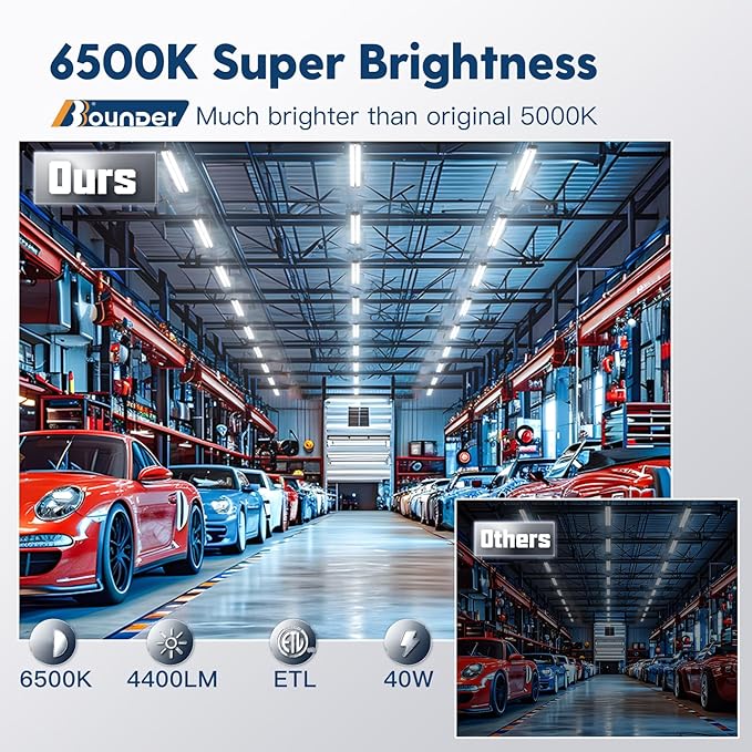 BBOUNDER 4 Pack Linkable LED Utility Shop Light, 4400 LM, Super Bright 6500K Cool Daylight, 4 FT Integrated Fixture for Garage, 40W Equivalent 250W, Surface + Suspension Mount, Black