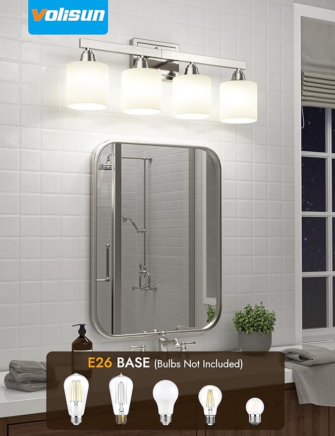 VOLISUN Brushed Nickel Bathroom Light Fixtures, 4-Light Bathroom Vanity Lights Over Mirror, Modern Vanity Light for Bathrooms, Bathrooms Lights Fixtures Over Mirror with Milky White Glass Shades