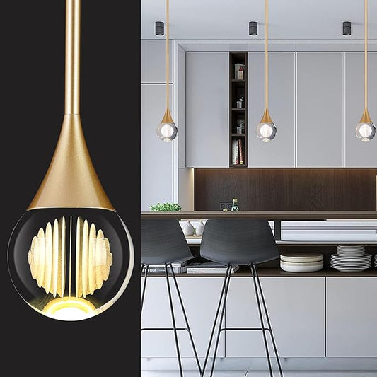 1-Pendant Lights Kitchen Island, Brass Gold Globe Crystal Ceiling Hanging Light Fxitures, LED Light Fixtures Metal Rod Ceiling Glass Pendant Lighting for Kitchen Island Dining Room Bar