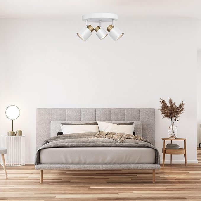 3 Light Track Lighting Kit, Matte White Brass Finish Canopy with Moden Flush Mount Ceiling Spotlight for Kitchen,Dining,Living Room,Home Improvement