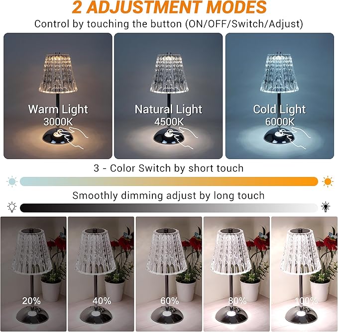 Cordless Table Lamp, 4000mAh Rechargeable Battery Operated Lamp, 3 Color Modes & Stepless Dimmable LED Touch Lamp, Portable Crystal Metal Beside Lamps for Bedroom Restaurant(Silver 2 Pack)