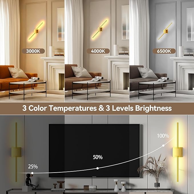 Torchlet Battery Operated Wall Sconces Set of 2 with Remote Control,DIY Independent Rotation Picture Lights,3000K-6000K Dimmable LED Rechargeable Wall Lights for Living Room Bedroom, 28.3'' Gold
