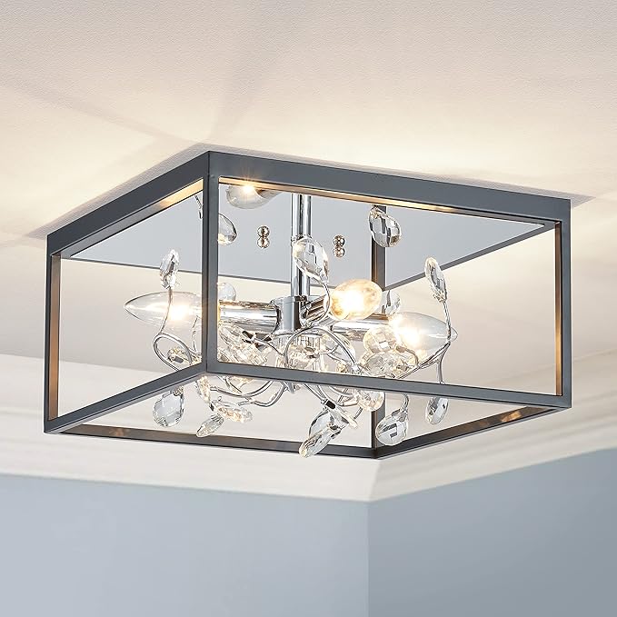 AGV LIGHTING CL044C Crystal Ceiling Light Fixture, Modern Flush Light, Perfect for Living Space, D12.5 x H8, E12 Base 3-Lights, Matte Black & Chrome Finish