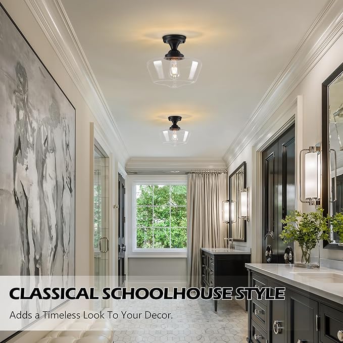 Black Schoolhouse Light Fixture 12" Mid Century Light Fixture Schoolhouse Light Fixtures Ceiling Clear Glass Semi Flush Mount Ceiling Lights for Bedroom Bathroom Kitchen(Bulb Incl.)