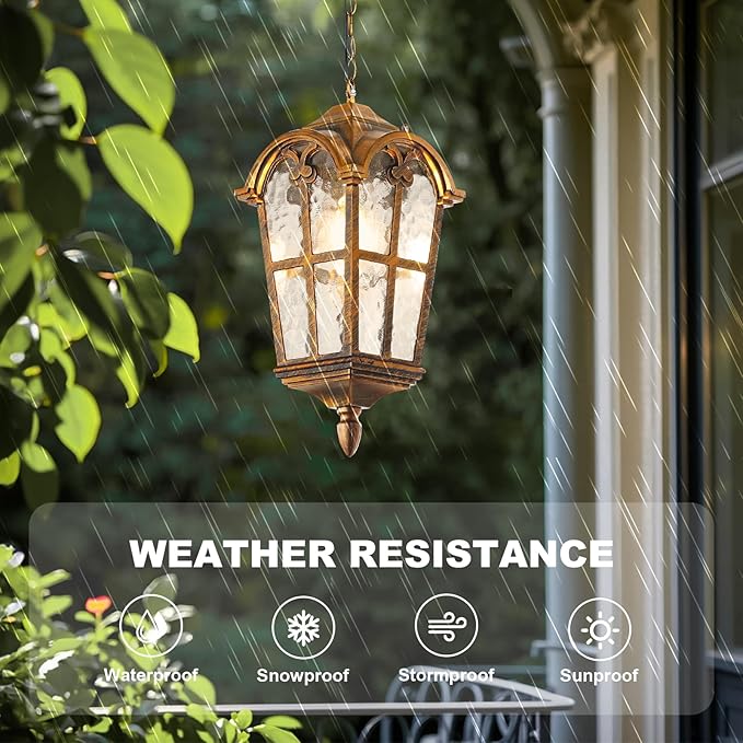 Dusk to Dawn Outdoor Pendant Lights for Porch Patio Garden Yard, Anti-Rust Aluminium Exterior Hanging Light Fixtures, Height Adjustable Gold Outside Hanging Ceiling Hallway Pendant Lamp, 2 Pack