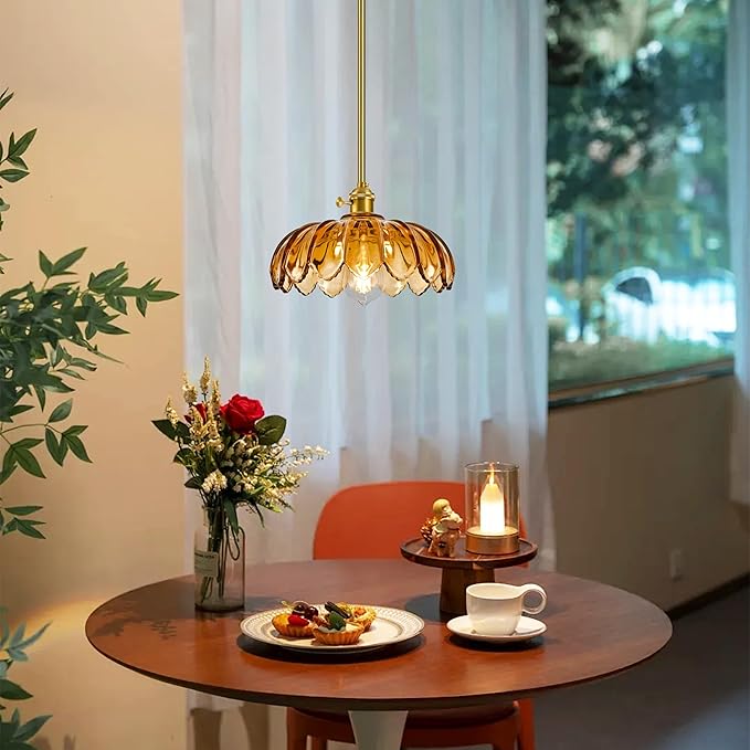 Mid Century Modern Pendant Light 2 Pack Hanging Adjustable Pendant Lights with Brushed Gold Fixture Amber Flower Glass Vintage Chandelier for Kitchen Island Bedroom Dining Room（Bulb Incl.）