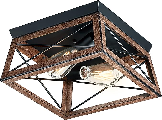 Pia Ricco Farmhouse Flush Mount Ceiling Light Fixture, Outdoor Porch Ceiling Lights, Rustic Industrial Style Square Close to Ceiling Light for Entry, Hallway, Kitchen, Patio, 2-Light, Brown