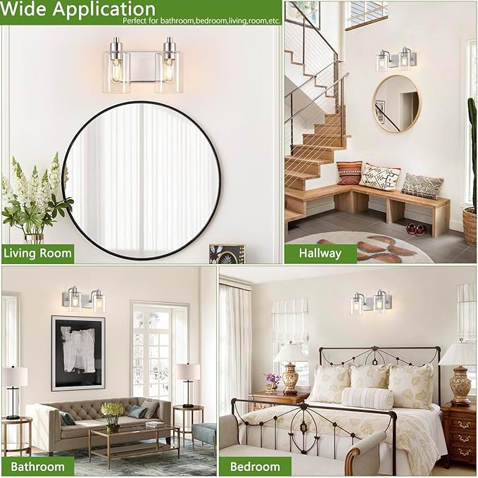 Dpyrrhic Brushed Nickel Bathroom Light Fixtures, Wall Mounted 2-Light Bathroom Lights Over Mirror with Clear Glass Shade,Wall Sconces for Kitchen Living Room Bedroom