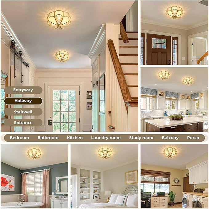 Gold Vintage Brass Ceiling Light - Small 11.8 Inch Hammered Glass Mid Century Flush Mount Lighting Fixtures - Art Deco Antique Modern Lamp for Hallway Bedroom Kitchen Entryway Laundry Foyer Bathroom