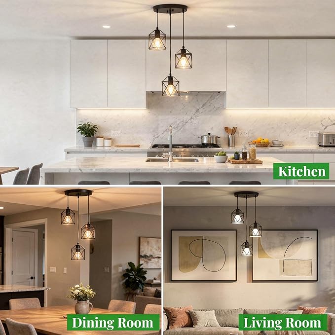 3 Light Pendant Lighting, Farmhouse Hanging Light Fixture for Kitchen Island & Dining Room, Industrial Vintage Ceiling Lamp with E26 Base, Adjustable Height, Matte Black