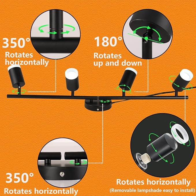 Plug in Track Lighting Kit, 80cm LED 4 Light Kitchen Track Lighting, Corded Wall Light with 16.4ft Cord, 4 Way Ceiling Spot Lighting Flexibly Rotatable Head Includes 4xGU10 Bulb (4 Black-Acrylic-80cm)