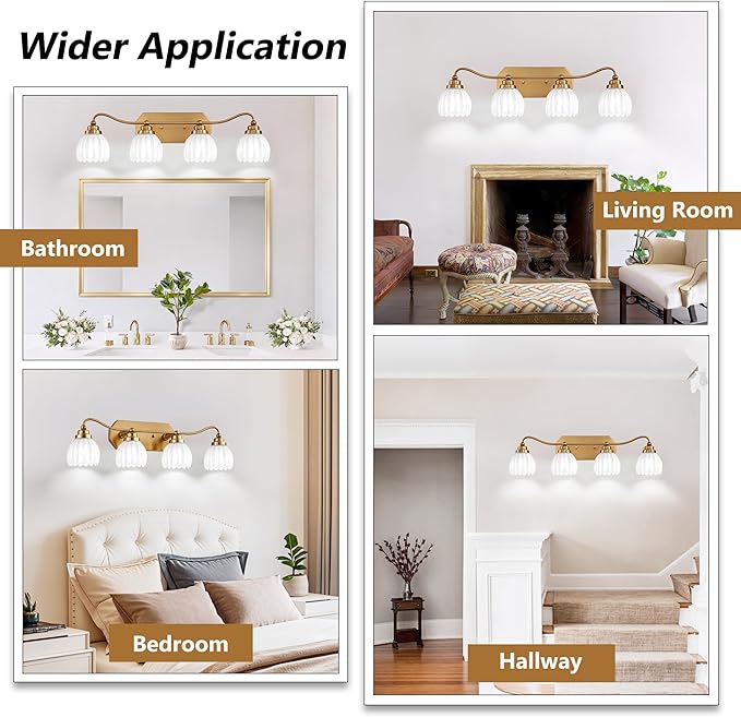 Vintage Bathroom Light Fixtures, Gold Bathroom Vanity Light, Matte Antique Brass Finish with Crystal Glass Shade, Wall Sconces Lighting for Bedroom, Living Room, Hallway (Milk White, 4-Light)