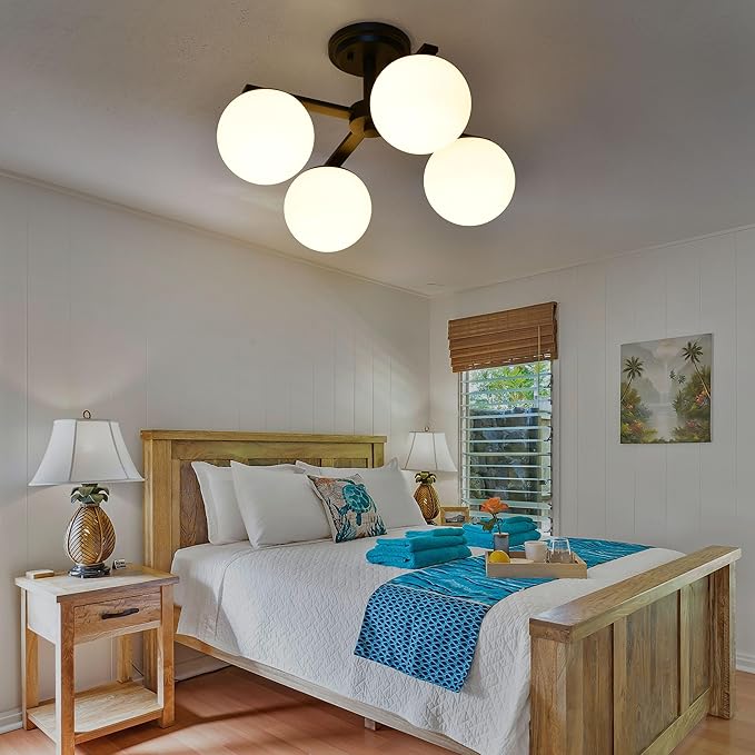 Matte Black Semi Flush Mount Ceiling Light, 4-Ligh Modern Kitchen Lighting Fixtures with Globe Glass Shade, Hallway Light Fixtures Ceiling Mount for Dining Room, Living Room, Bedroom, Foyer