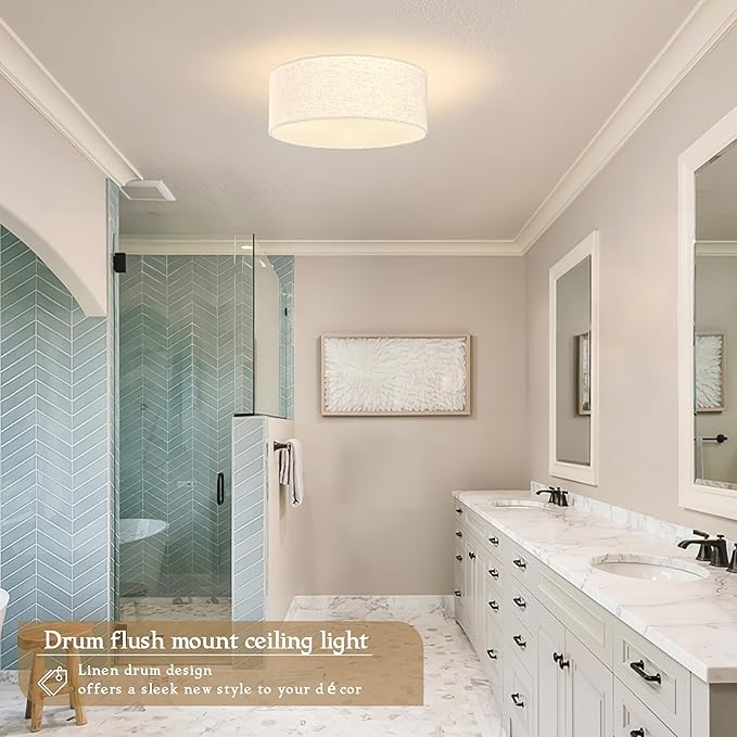 12.6 Inch Flush Mount Ceiling Light Black Close to Lights Fixture with Fabric Shade 3-Light Drum Modern Lights for Dining Room Bedroom Hallway