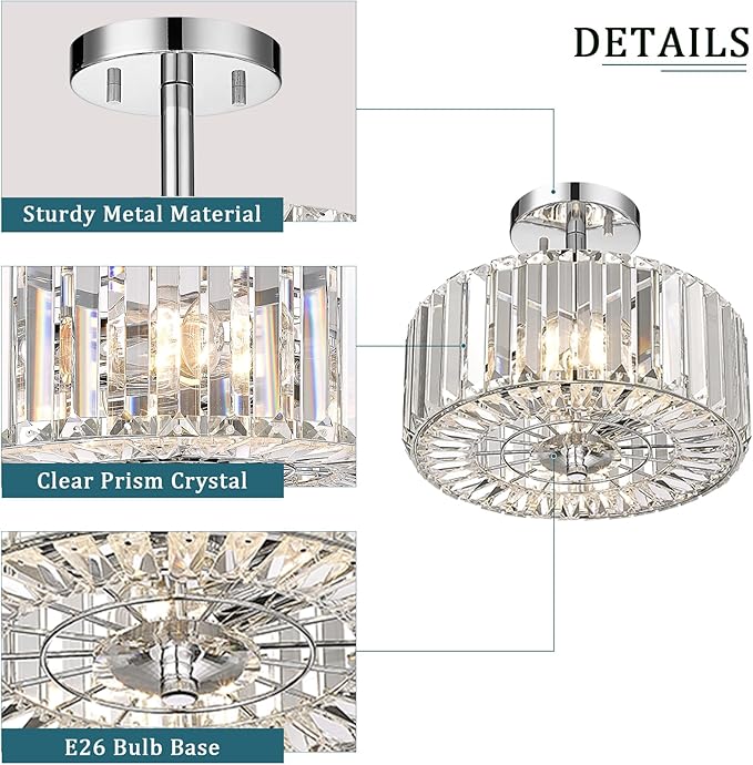 Crystal Light Fixture, Modern 2-Light Chrome Flush Mount Light Fixture, 11" Round Crystal Chandelier for Bedroom Entryway Kitchen Hallway Lighting, SF004-2-CH