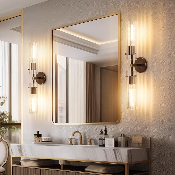 Brass Bronze 2-Light Knurled Wall Sconce, Dual-Head Vanity Lamp Set of Two with Vertical Striped Glass Tube, Bathroom Wall Sconces, Wall Lights for Living Room Bedroom Hallway Kitchen Bathroom Mirror