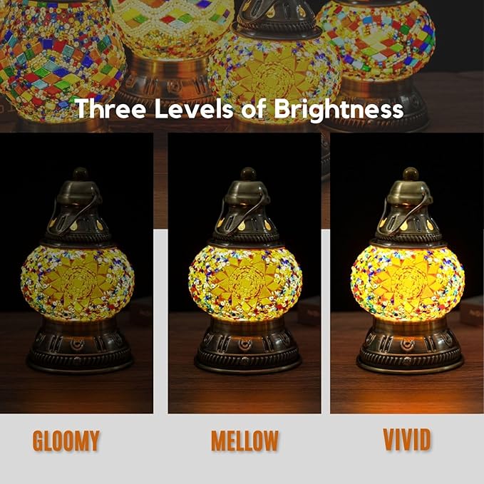Upgraded Rechargeable Turkish Mosaic Lamp - Handmade Moroccan-Style Camping Light with 1800mah Battery, USB Power Bank, Touch Switch & 3 Brightness Levels, 10.5cm Lampshade Sizes