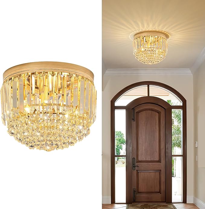 YMP&YZX Modern 3-Lights Crystal Chandelier French Gold,11.8" Semi Flush Mount Crystal Ceiling Light LED Round Chandelier Light E12 Base for Bedroom Living Room