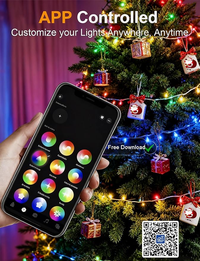 echosari Christmas Lights 33Ft RGB Color Changing IC, 100 LED Smart String Light with App Control, Music Sync Wreath Lights for Yard Garden Tree Decor (Dark Green Cable)
