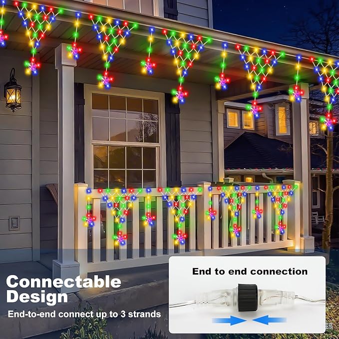 (New) Outdoor Christmas Lights, 13.8ft 218 LED Christmas Curtain Lights, Icicle String Lights with 12 Drop Stars for Curtain, Indoor, Garden, Patio, Wedding, New Year, Home Decoration - Multicolor