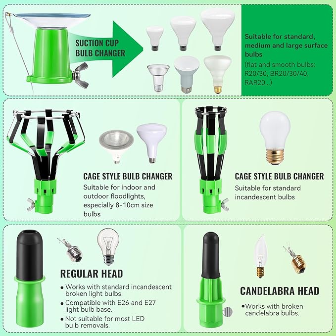 Dreyoo 4 Pieces Set Light Bulb Changer, Suction Cup and Cage Changer for Incandescent, Floodlight, Broken Bulb and Recessed Lights, Compatible with Standard Extension Pole, Pole Not Included(Green)