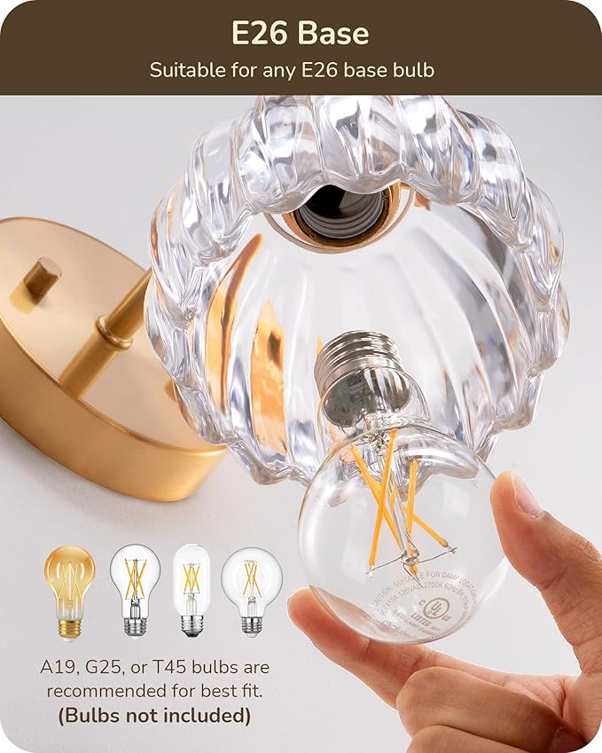 EDISHINE Hardwired Vintage Wall Sconces Set of Two, Brass Gold Wall Lamp with Transparent Tulip Glass Lampshade 180° Adjustable, Modern Wall Lighting Fixtures with Switch for Bathroom Bedroom Hallway
