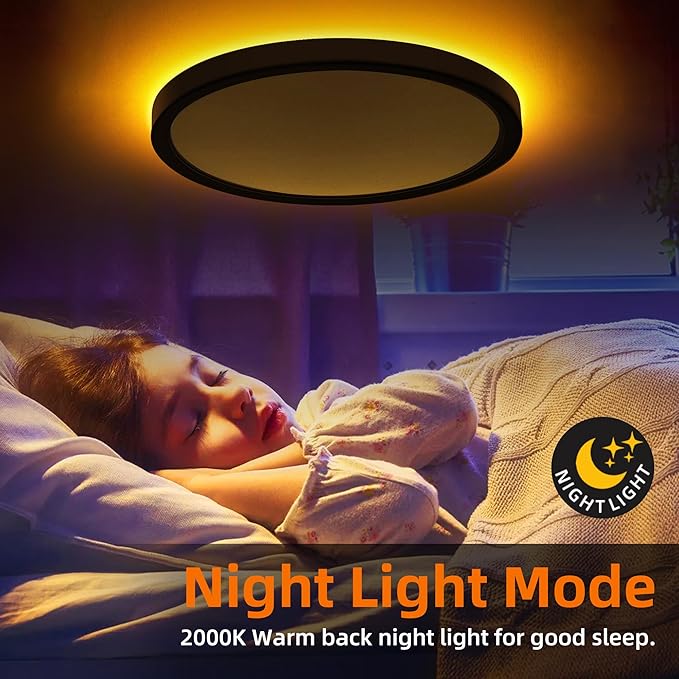 Hlite 12 Inch Flush Mount LED Ceiling Light with Night Light, 24W, 2400lm, Selectable 3000K/4000K/5000K, Flat Lights for Bedroom, Kitchen, Black(1Pack)