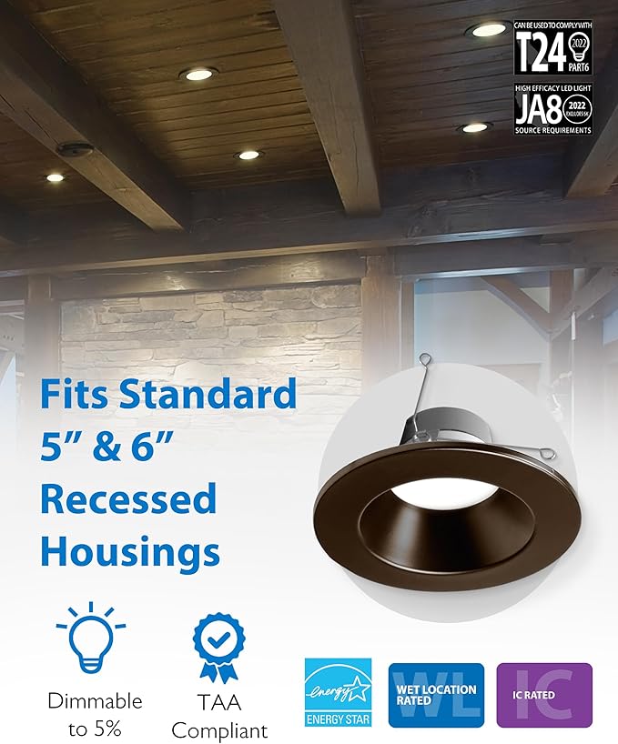 Recessed Ceiling Lights LED Downlight - 5/6 inch LED Recessed Light Fixtures - Selectable CCT 2700K-5000K, 918 Lumens, 10.3W - DLR56 Retrofit Ceiling Light, Bronze, 1-Pk by NICOR Lighting