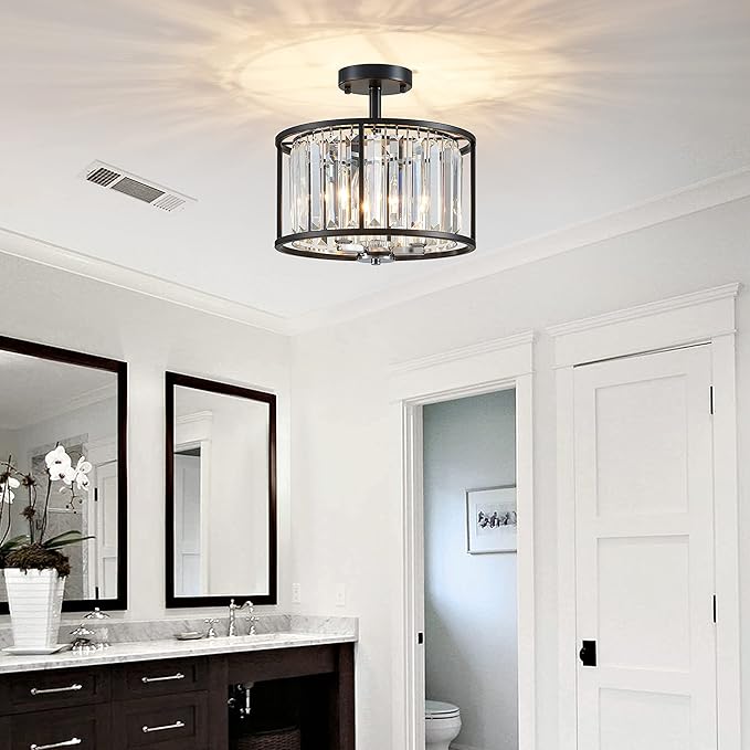 AGV LIGHTING CL005BB K9 Crystal Semi Flush Mount Ceiling Light Fixture, Modern Design, E12 Base 3-Lights, D13 x H15, Chrome & Matte Black Finish Metal Frame