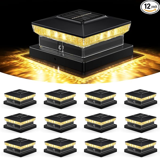 KEILAIMO Solar Post Cap Lights 12 Packs for 4x4 5x5 Wooden/Vinyl Posts, IP65 Waterproof Fence Post Solar Lights with Warm/Cool/Neutral Lighting, Outdoor Post Lights for Garden, Patio, Porch- Black