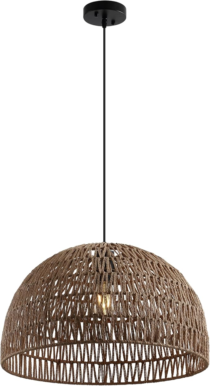 JONATHAN Y 20" Brown Modern Bohemian Woven Rope LED Pendant Light Fixture, Adjustable Dome Ceiling Lamp for Kitchen Island, Rope Shade, Coastal Farmhouse Decor (JYL6504F)