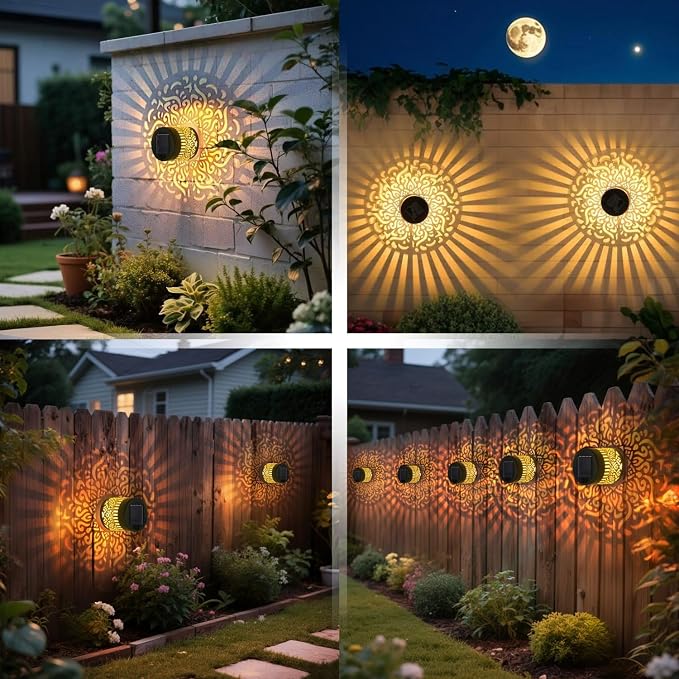 4 Pack Solar Wall Mandala Lights Outdoor, Decorative Solar Fence Mandala Lights Waterproof Metal Solar Powered Deck Step Lights for Garden Patio Post Backyard Yard (Mandala-4 Pack, Warm)