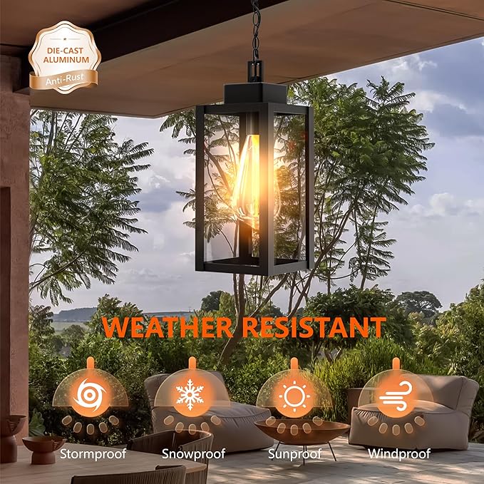 Outdoor Pendant Light Fixture Waterproof Outdoor Hanging Porch Light Anti-Rust Exterior Hanging Outdoor Lantern for Porch Yard Front Door Garage Balcony Patio Garden
